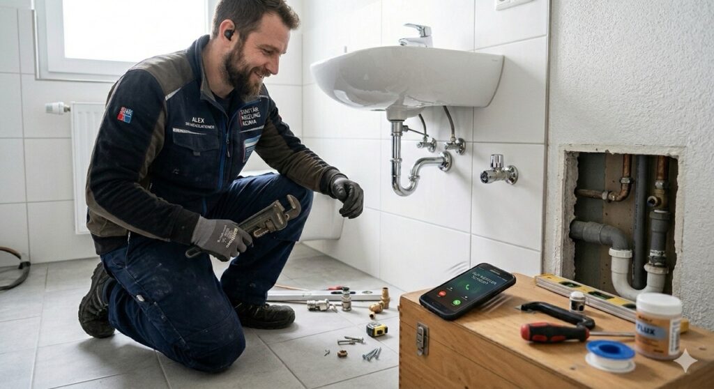 Handwerker montiert Waschbecken